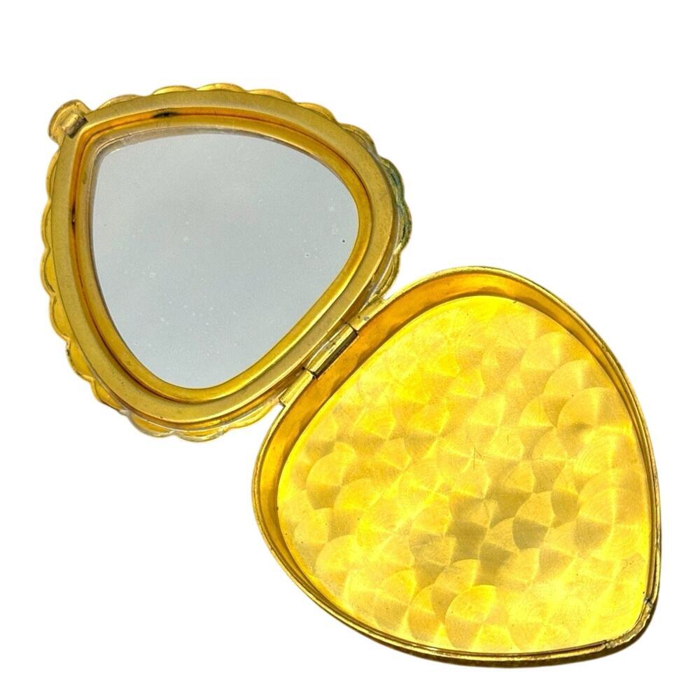 Vintage La Mode Compact Mirror Gold Tone Floral Heart Scalloped Vanity - Picture 9 of 9